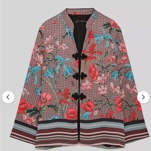 𝅺ZARA Pink Silky Asian Floral Blazer Jacket Mandarin Collar Lined Women’s M